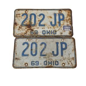 Vintage Original 1969 OHIO License Plate - Pair of‎ Plates 202 JP (9-4)